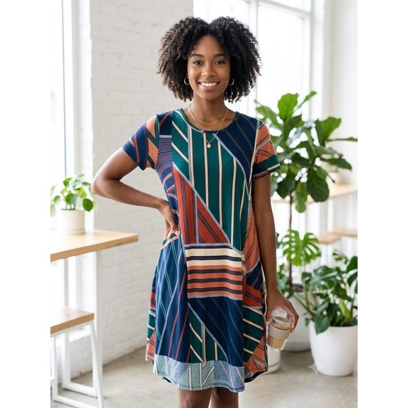 LuLaRoe Dresses & Skirts - LuLaRoe XS Dress Short Sleeve High Low Swing Shift Geometric Stripe Colorblock